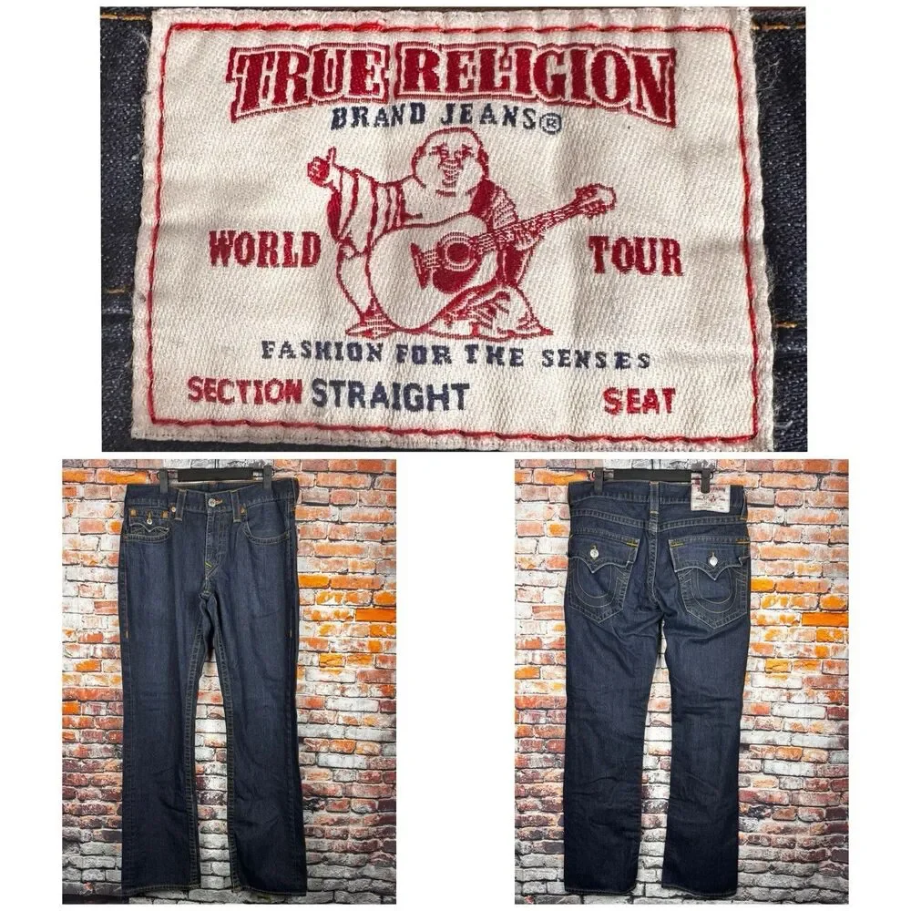 True Religion Straight Flap Red Orange Stitcing Men's Jeans 33